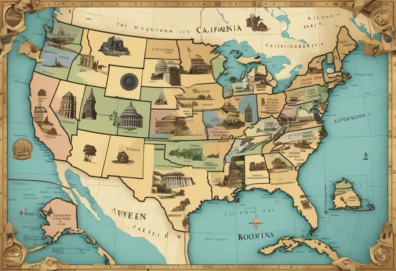 The United States map with the state of California highlighted, surrounded by female congressional symbols